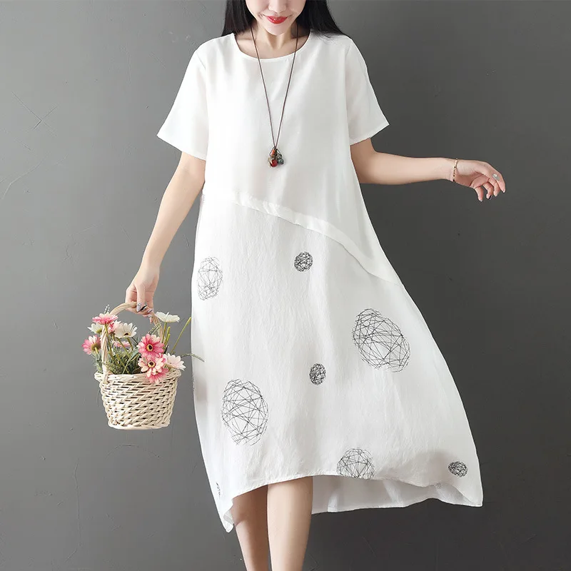 

2019 Summer New Style Cotton Linen Dress Ramie Mid-length Ethnic Literature And Art Loose And Plus-sized
