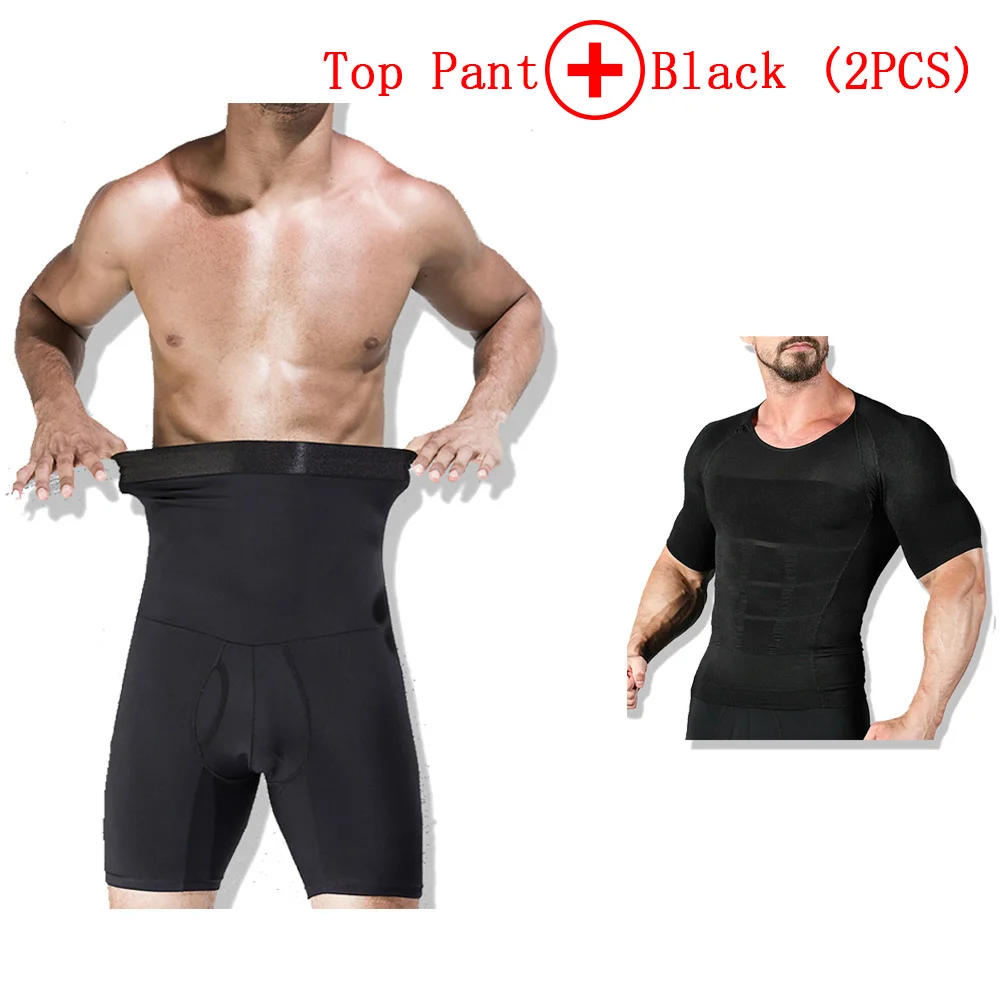 Black Top Pant Из 2 предметов Для мужчин средства ухода за кожей коррекция фигуры, тренировка для талии Управление трусики Шорты Мужская моделирующая одежда формочек жилетка без рукавов Футболка Сильный формирующее белье - Цвет: Black Top Pant