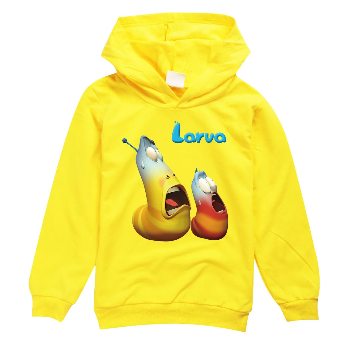 

Детская одежда Larva с забавным мультяшным принтом насекомого, хлопковая модная одежда для мальчиков, топы с длинным рукавом, корейские рубашки с капюшоном для девочек