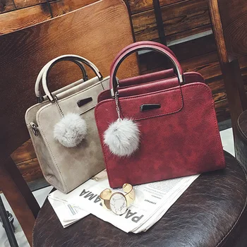 

Hot Sale Handbag Women Casual Tote Bag Female Large Shoulder Messenger Bags High Quality PU Leather Handbag With Fur Ball Bolsa