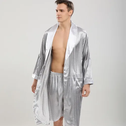 남자 로브 세트 새틴 기모노 가운 남성 잠옷 목욕 가운 가짜 실크 2PCS 로브 & 반바지 정장 캐주얼 Nightwear 라운지 착용 Homewear 4
