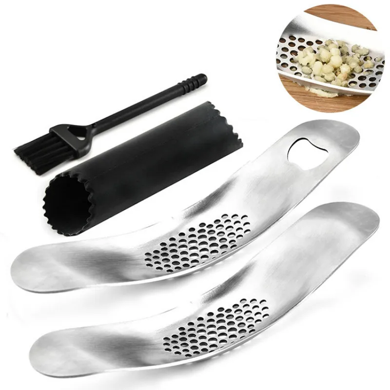 

Kitchen Vegetable Tools Multifunctional Stainless Steel dual Manual Swing Garlic Press opener with brush 3pc/set