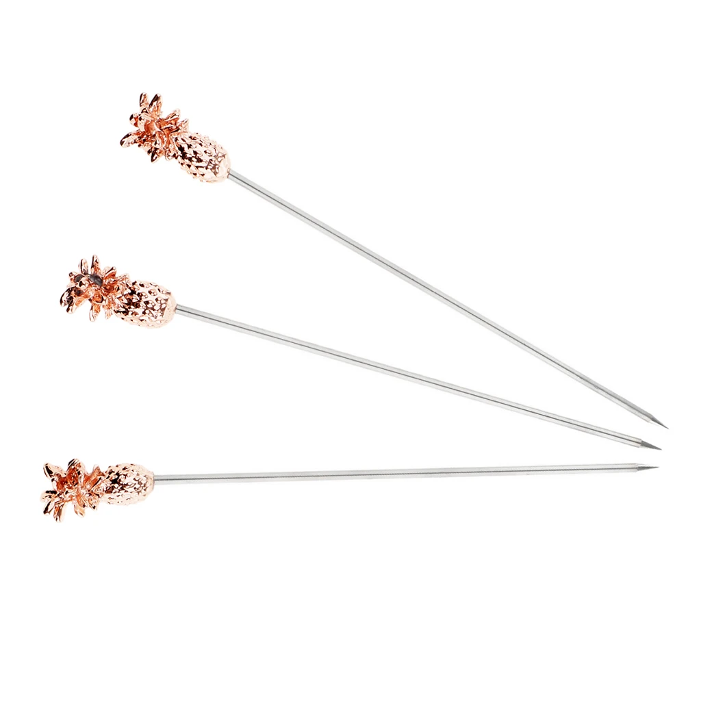 3Pcs Stainless Steel Swizzle Sticks Fruit Pineapple Stick Cocktail Pick for Kitchen Party Bar Accessory Rose Gold/Silver/Gold