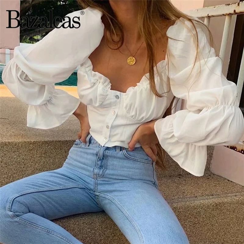 

Bazaleas France White blouse women Vintage Off Shoulder blusa feminina Flare Long Sleeve blusas dropshipping