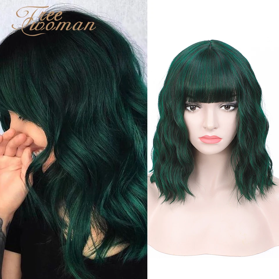 

FREEWOMAN Colorful Water Wave Synthetic Wig 16in Lolita Short Bob Wig With Bangs Cosplay Fake Hair Wigs For Women Pink Green