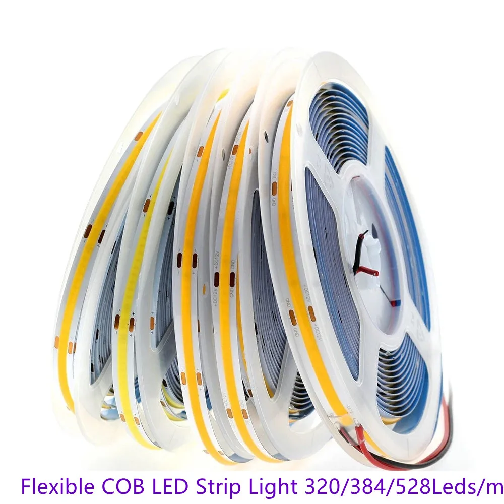 5m/lot 8mm/10mm COB Flexible LED Strip Light 320/384/528Leds/m CRI Super Bright LED Bar Light Tape DC12V/24V for Decor Lighting dc12v 24v led strip 5050 120leds m 5m 600led super bright 5050 led flexible strip light rgb white whitewarm 4000k nw waterproof