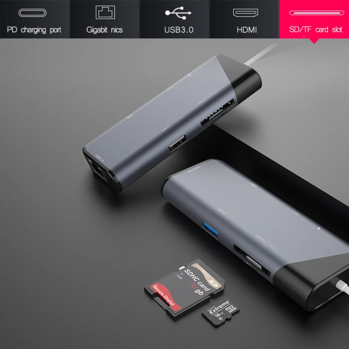 Многопортовое «7-в-1 концентратор Тип с разъемами типа C и USB3.0 4K HDMI устройство для чтения карт SD TF Ethernet-адаптер док-станция GK99