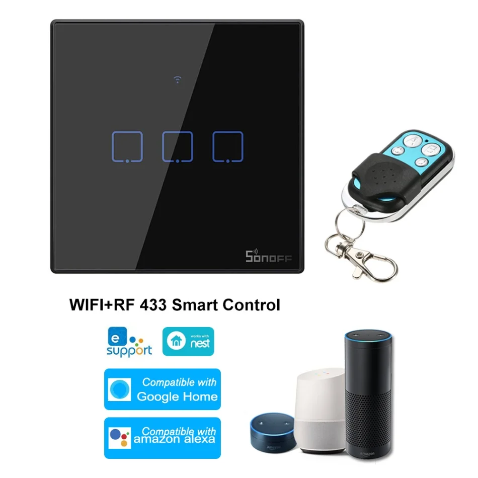 Интеллектуальный выключатель света SONOFF T3US Smart Wi-Fi настенный светильник нам переключатель черный 120 Тип на границах 1/2/3 433 RF/приложение/сенсорный экран Управление работает с Google Hom - Комплект: T3 UK 3 Gang