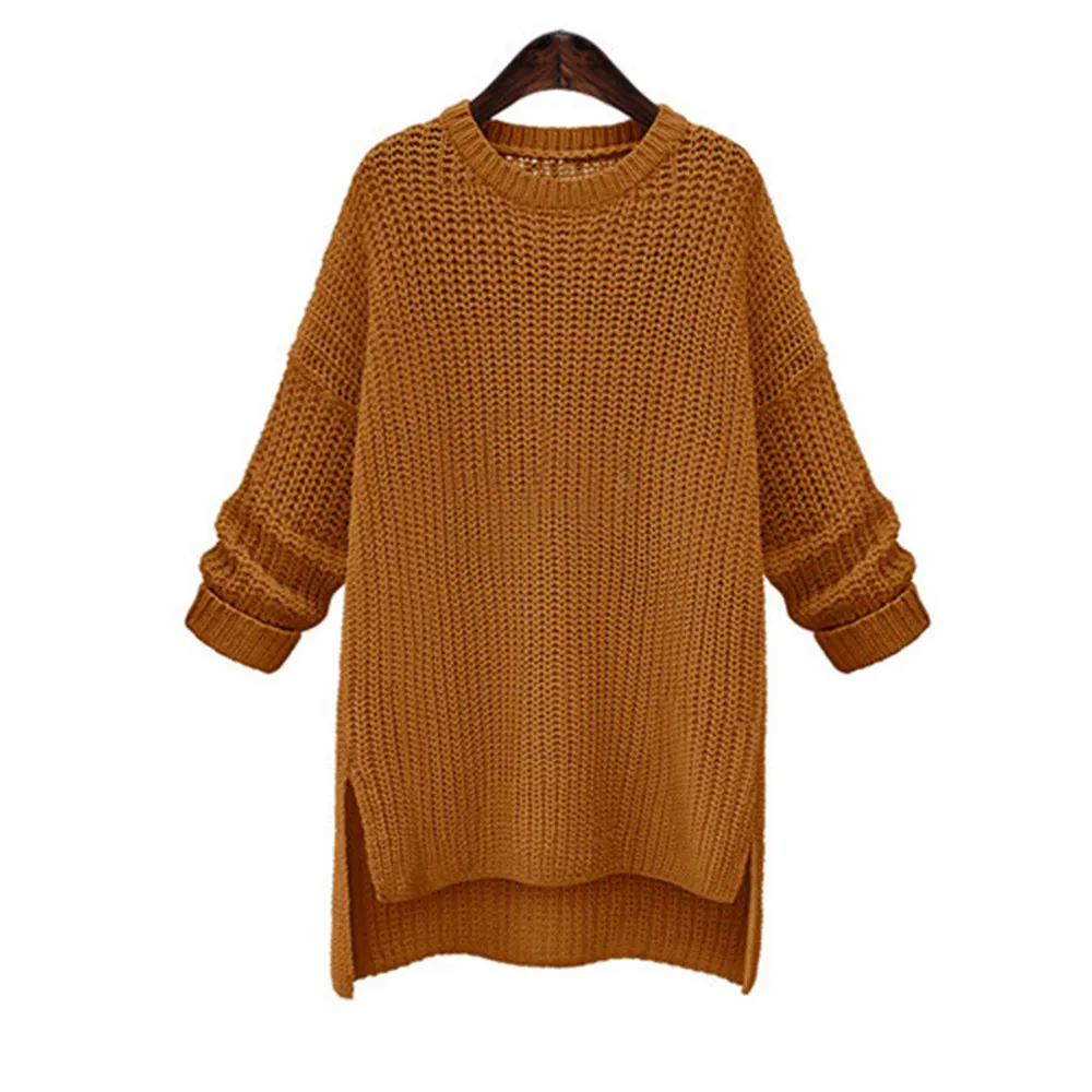

Mid-Length Split Knit Sweater Jacket Women'S Autumn Winter Round Neck Pullover Sweater Solid Color Long-Sleeve O-Neck Sweater