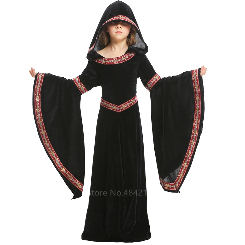 Детские костюмы на Хэллоуин для девочек; средневековый Косплей; платье ведьмы вампира; карнавальные вечерние костюмы для выступлений; Длинная одежда - Цвет: Black