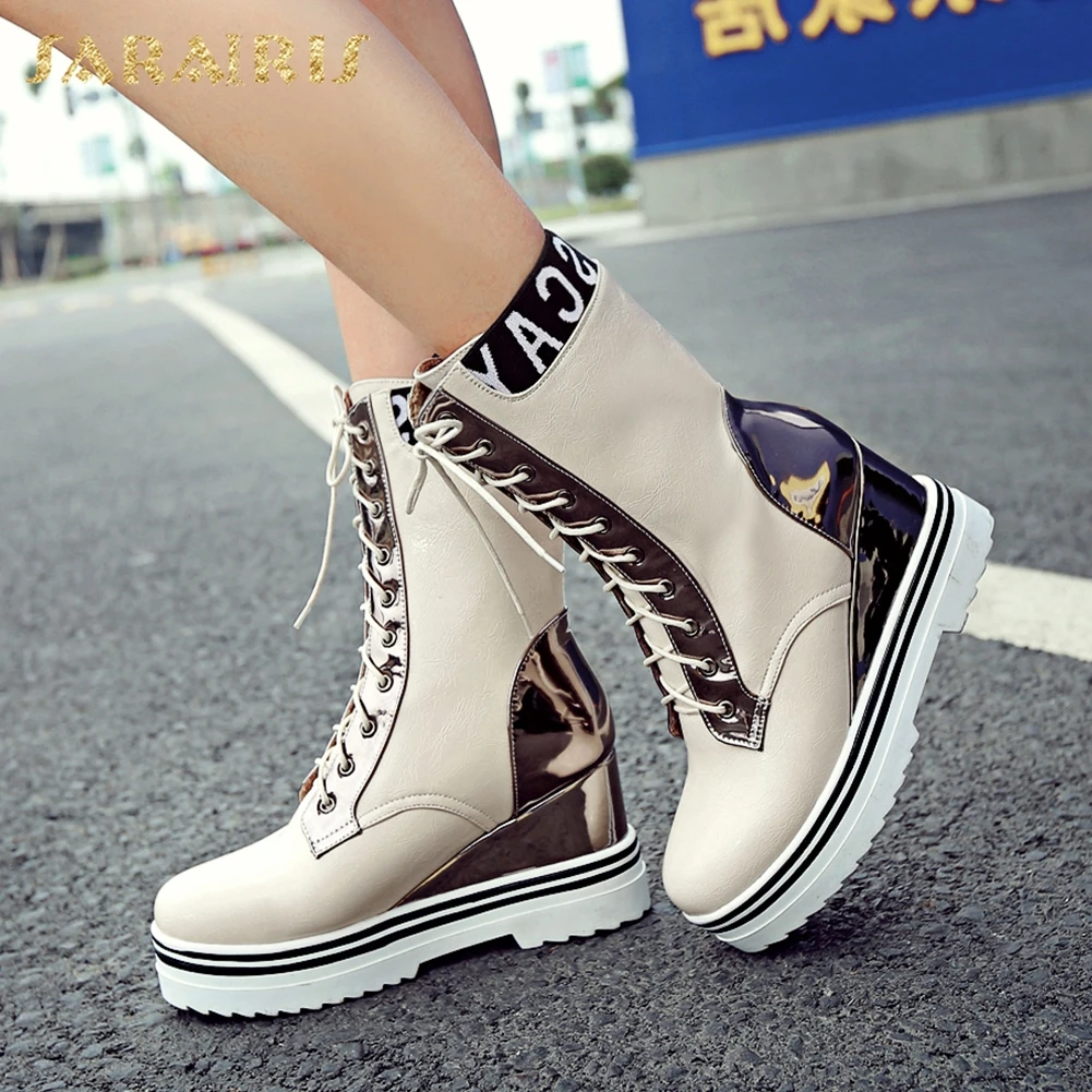 

SARAIRIS Fashion 2020 Big Size 43 Wedge High Heels Mid Calf Boots Woman Shoes Shoelace Comfortable Shoes Women Boots Female