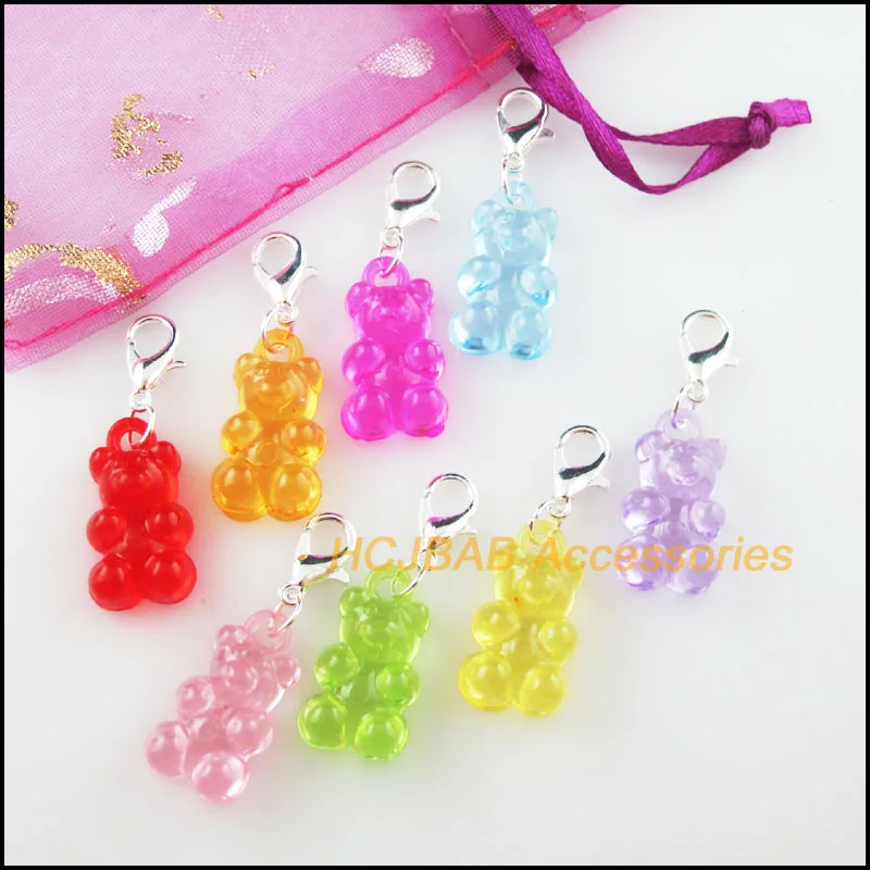 16Pcs Mixed Acrylic Animal Bear Charms With Silver Plated Clasps Pendants