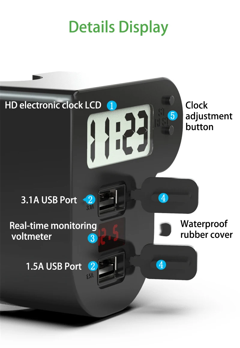 Мотоцикл Quick Charge Dual USB 5V 3.1A/1.5A зарядное устройство мотоцикл Цифровые Часы