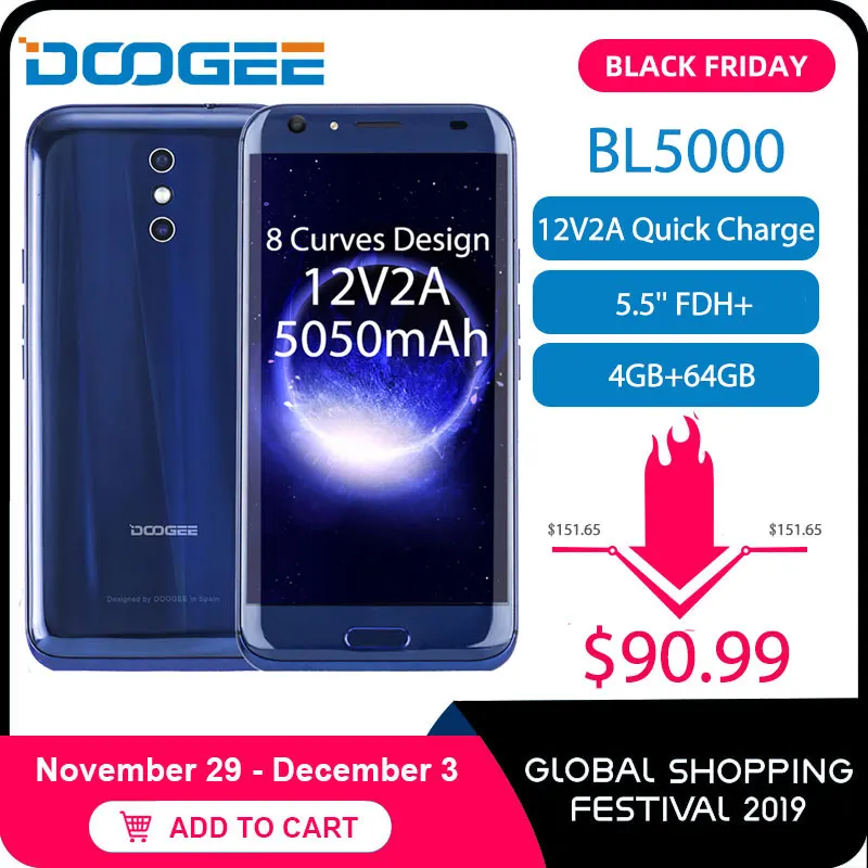 

DOOGEE BL5000 Dual 13.0MP Camera Android 7.0 5050mAh 12V2A Quick Charge 5.5'' FHD MTK6750T Octa Core 4GB RAM 64GB ROM Smartphone