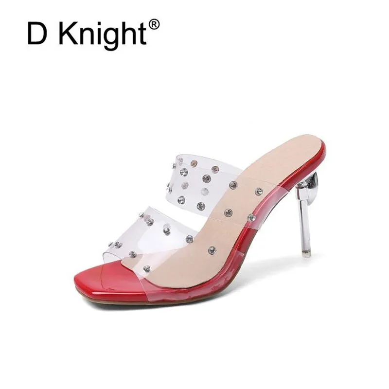 

Size 30-48 Thin High Heels Half Slippers 2020 Summer New Women's Shoes Slides Sexy Gladiator Transparent Sandals Shoes For Woman