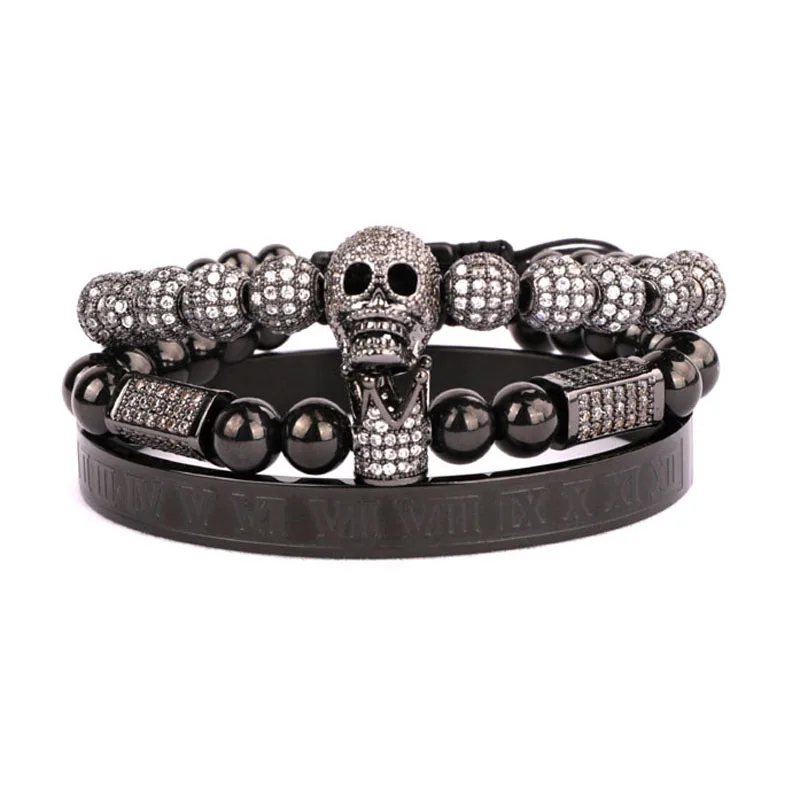 Luxury Men Jewelry Bracelet CZ Pave Skull Crown Charm Stainless Steel Beads Bangle Bracelet Men - Image 2