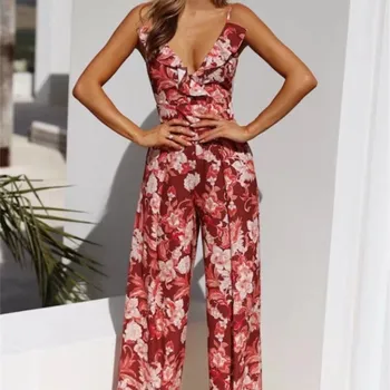 

Women Ruffles Sexy V Neck Floral Print Boho Beach Jumpsuits Sleeveless Bow Backless Playsuits Casual Romper