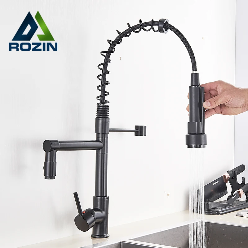 Rozin черный кухонный кран выдвижной для раковины на бортике двойной поворотный