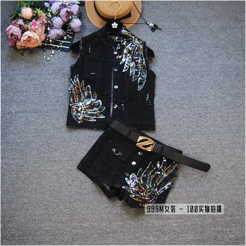 

European and American fashion suit female spring and summer denim vest embroidered sleeveless jacket + shorts tide