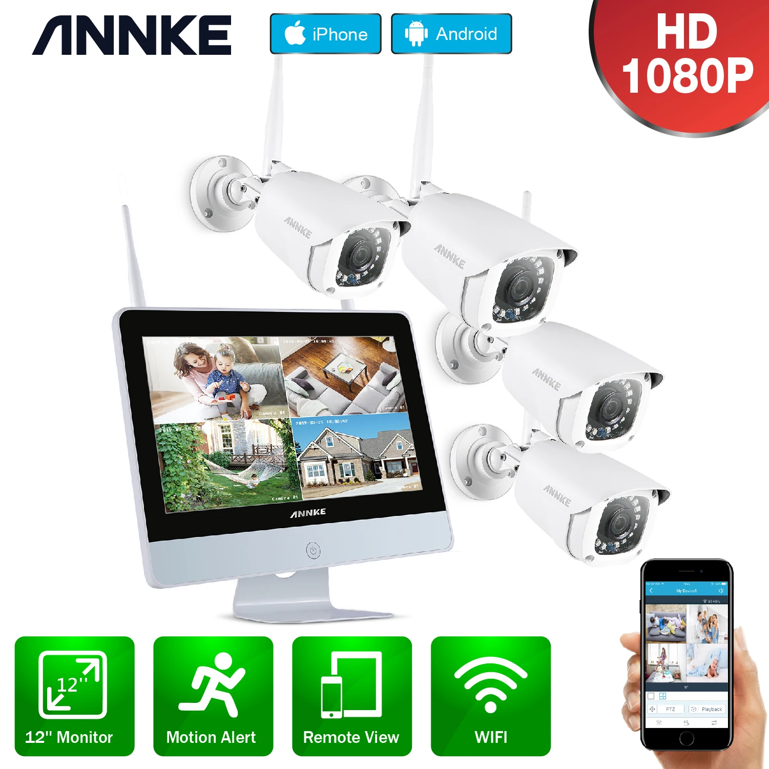 Камера видеонаблюдения ANNKE 8 каналов FHD Wi Fi беспроводная NVR 4 шт. 1080P IP