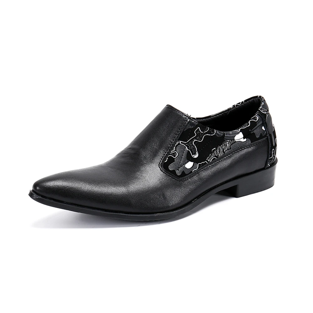 Genuine Leather Slip On Men Dress Shoes Business Party Flats Black Pointed Toe Printed Leather Shoes