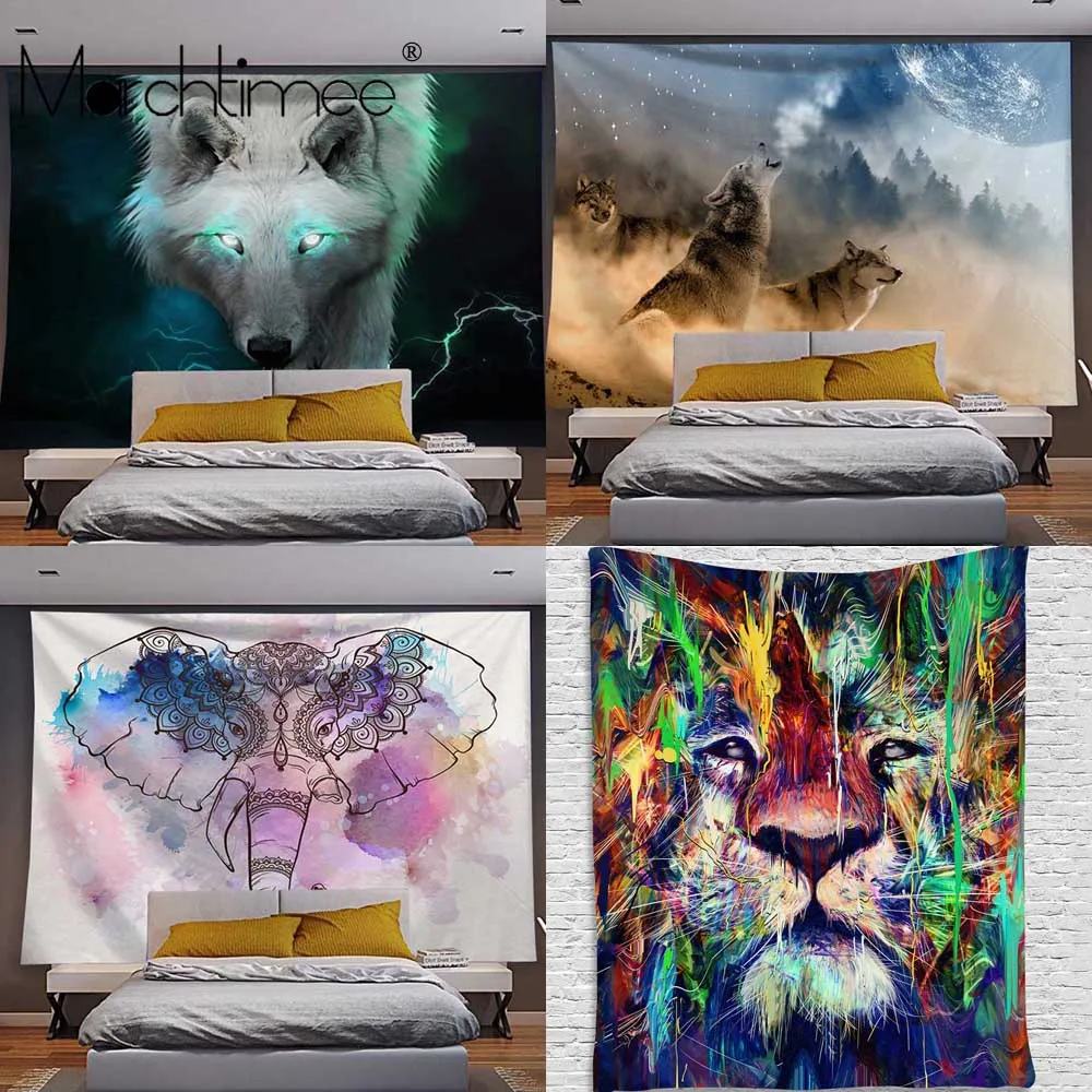 

Animals Wolf Moon Tapestry Elephant Wall Hanging Background Psychedelic Boho Wall Tapestries Living Room Bedroom Decor Yoga Mat