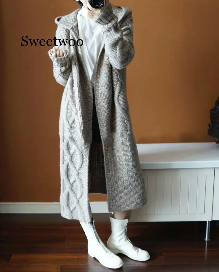 

Women Sweater Cardigan Autumn Winter Hooded Long Sleeve Winter New Solid Color Loose Korean Cozy Lady Long Sweaters