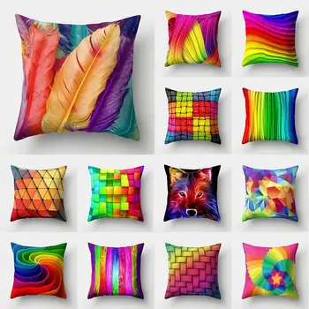 

Rainbow Color Geometry Stripe Plush Square Decorative Hug Pillow Case Living Room Cushion Cover 45x45 Cm Creative Colourful Home