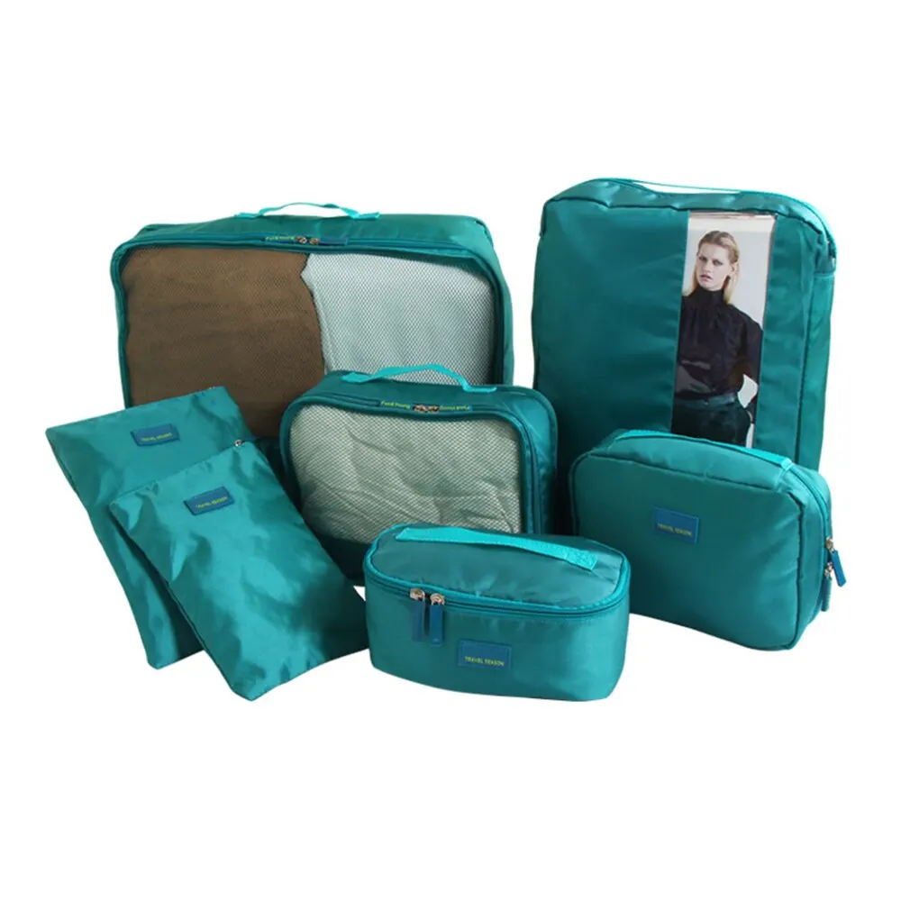 Sports Bag Set 7PCS/Set Multi-fonction Travel Storage Bag Waterproof Clothing Sorting Bags Portable Luggage Partition Organizers - Color: Green