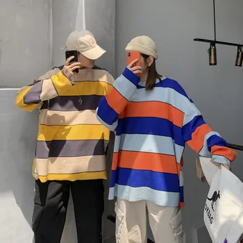 

2019 Autumn New Korean Version Of The Loose Couple Round Neck Striped Men's Large Size Casual Pullover