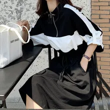 Autumn Dress Women Casual Korean Zipper Women Dress Vintage Long Sleeve Dress Sports Style Contrast Color Stitching Dresses