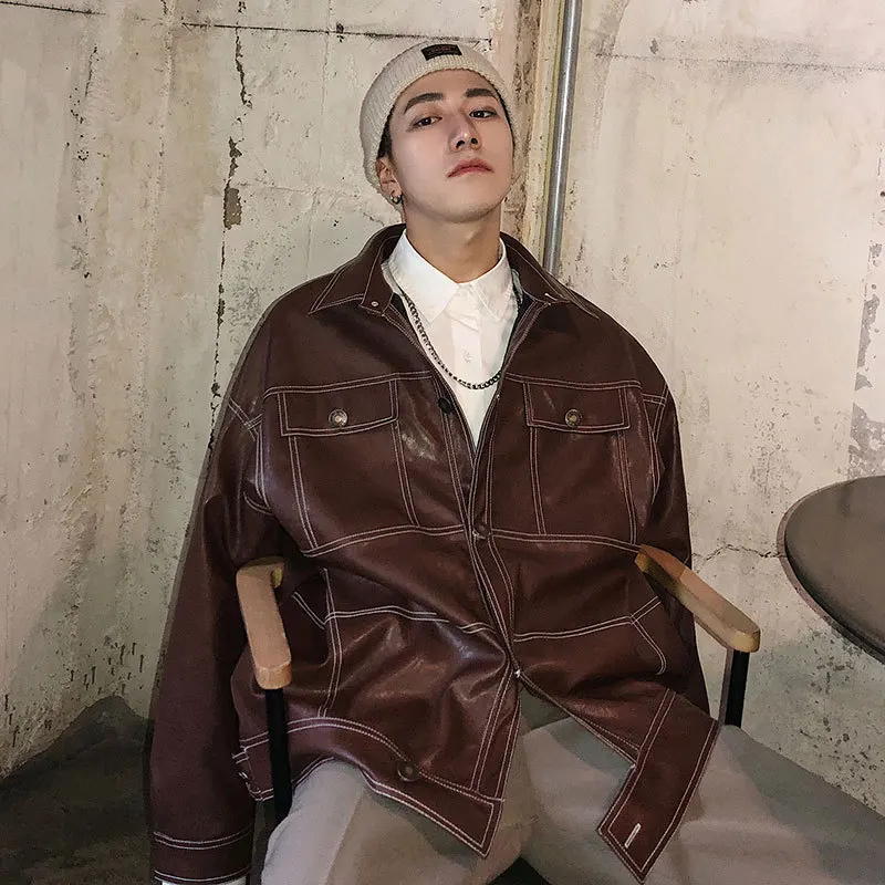

2018 Autumn New Style Fashion Handsome Elegant Trend Hong Kong Style Jimingxian Fold-down Collar Loose-Fit Fashion Leather Jacke