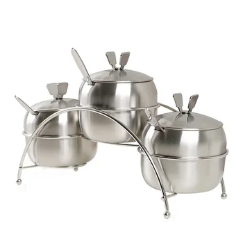 

7Pcs/Set Kitchen Supplies Apple Shape Stainless Steel Condiment Pot Spice Container Salt Sugar Bowl Serving Jars Pot Spoons