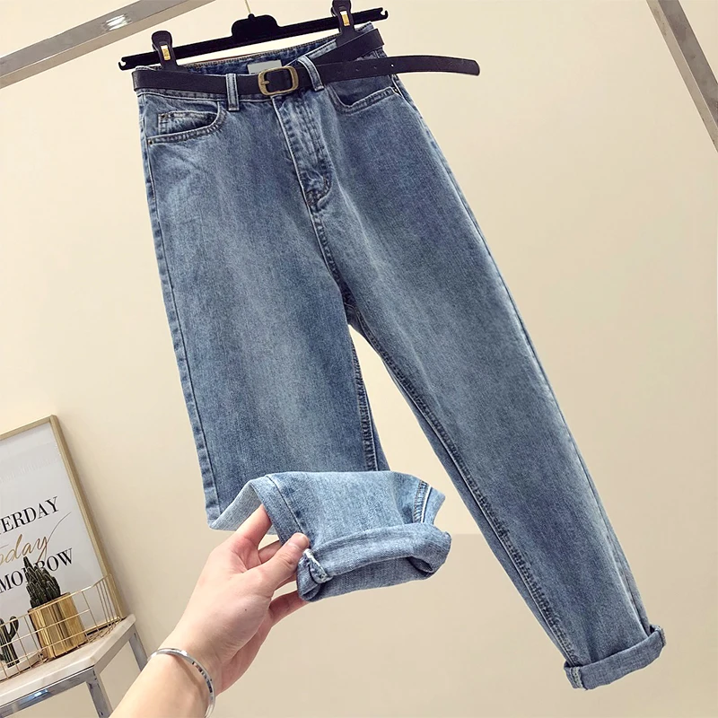 Новые весенние и осенние женские джинсы большого размера с высокой талией джинсовые брюки ретро шик студентов свободные прямые джинсы брюки