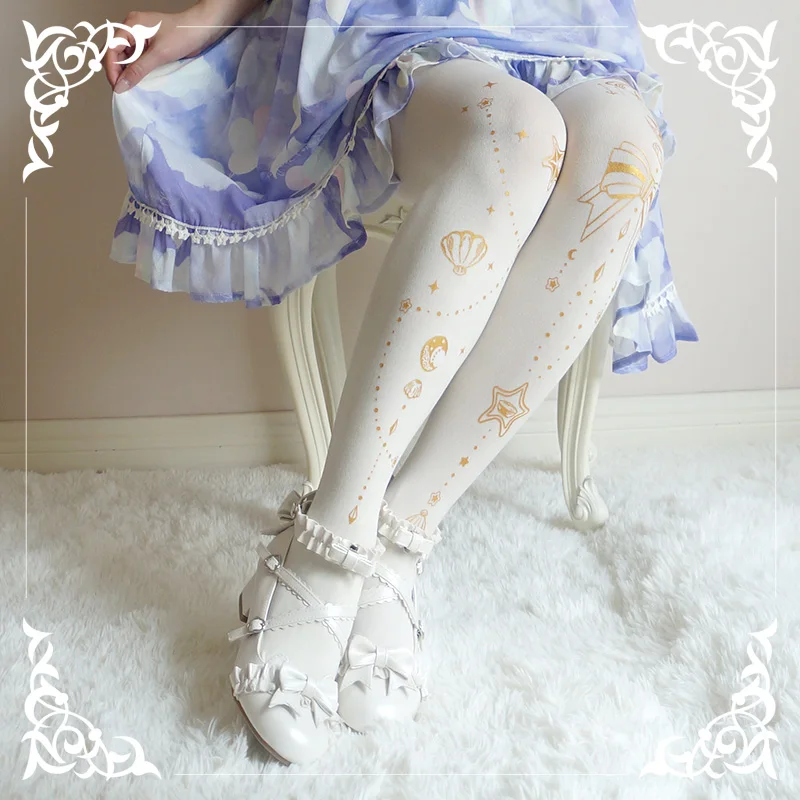 

Dream sea Japanese Sweet Cute Shells Bow Printed Tights Pantyhose Lolita Princess Girl Student Cosplay Silk Stocking Autumn