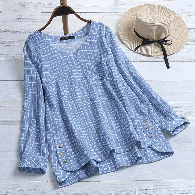 

2019 Plus Size Ladies Blouse Women Casual V Neck Long Sleeve Check Plaid Work OL Loose Tunic Tops Shirt Blusas Feminina