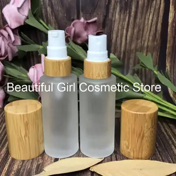 

Engraving logo all bamboo cover 100Ml 120Ml Upscale Empty Refill Frosted Glass Pump Press Bottle Makeup Portable Cosmetic 150ml