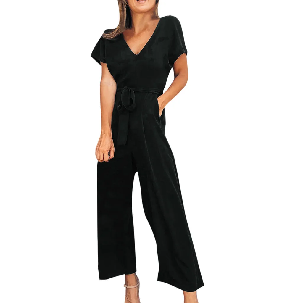 

Women Casual Belt Solid Short Sleeve Ladies V-Neck Zipper Long Jumpsuits women jumpsuit enteritos largos de mujer elegantes