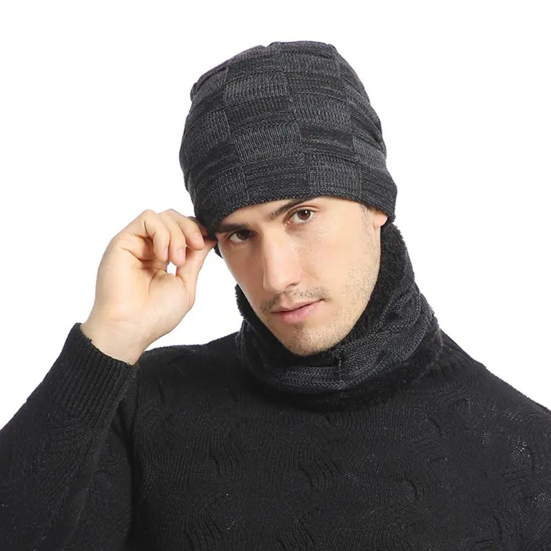 

Unisex Winter Jacquard Plaid Knit Beanie Hat Scarf Set Ski Skull Cap Neck Warmer