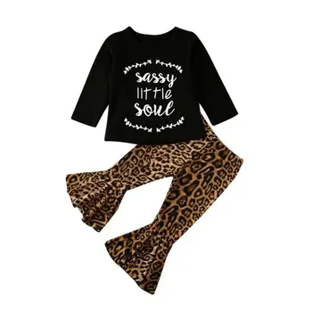 

Toddler Kids Baby Girl Clothes Set Spring Long Sleeve Letter T-shirt Top Leopard Flared Pants Trousers Outfits Outfit 2PCs