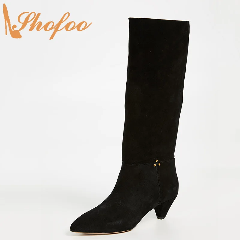 

Black Knee Long Boots High Cone Heels Pointed Toe Pull On Gold Rivet Ladies Winter Fashion Women Shoes Large Size 15 16 Shofoo