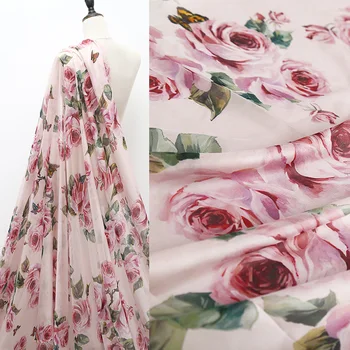

100X145cm Romantic Roses Fuse with Pink Rose Print Thin Transparent Chiffon Fabric for Woman Girl Summer Long Dress DIY Sewing