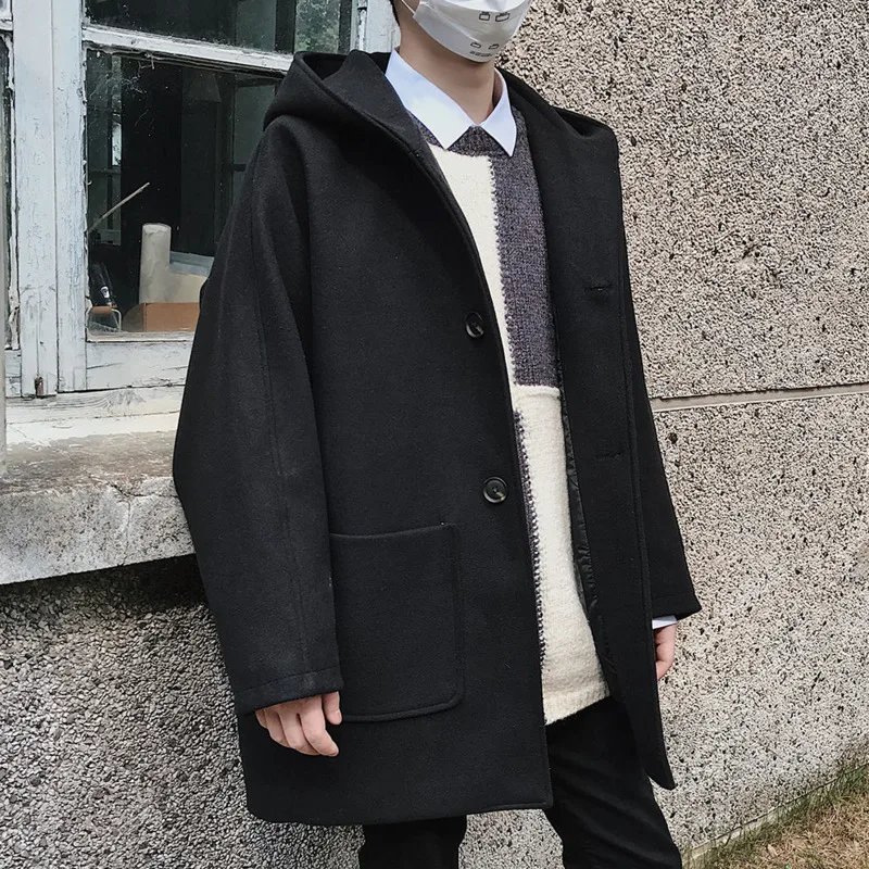 

2020 Autumn And Winter New Youth Popular Korean Version Loose Simple Solid Color Hooded Woolen Coat Fashionable Casual Top
