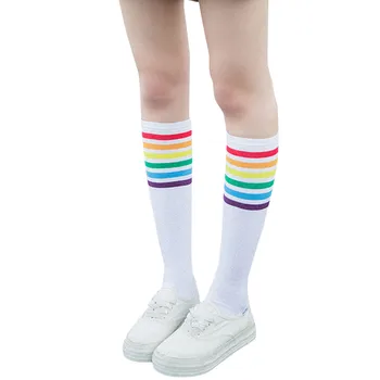 

Women Socks 1P Thigh High Cotton breathable Socks Over Knee Rainbow Stripe Girls Football Socks Black White Socks носки женские