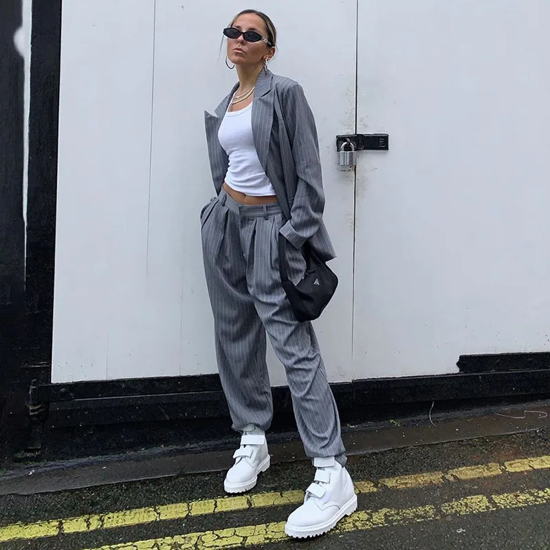 

2020 Summer Pants Women Loose High Waist Pants for Women Striped Suit Pants Streetwear Straight Trousers Women Zipper