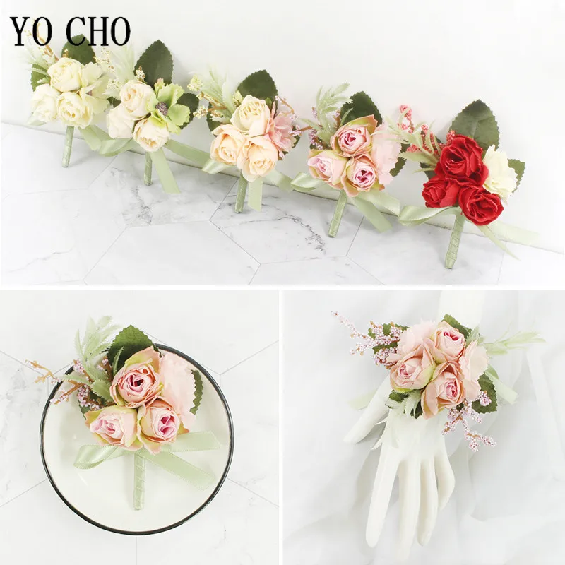 YO CHO Corsage Wedding Bracelet Bridesmaids Flowers on Hand Artificial Silk Roses Red Wrist Corsage Bridal Accessory Boutonniere