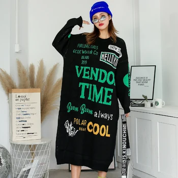

European station long knee-length sweater female autumn and winter 2019 new loose cartoon color fun knitted dress