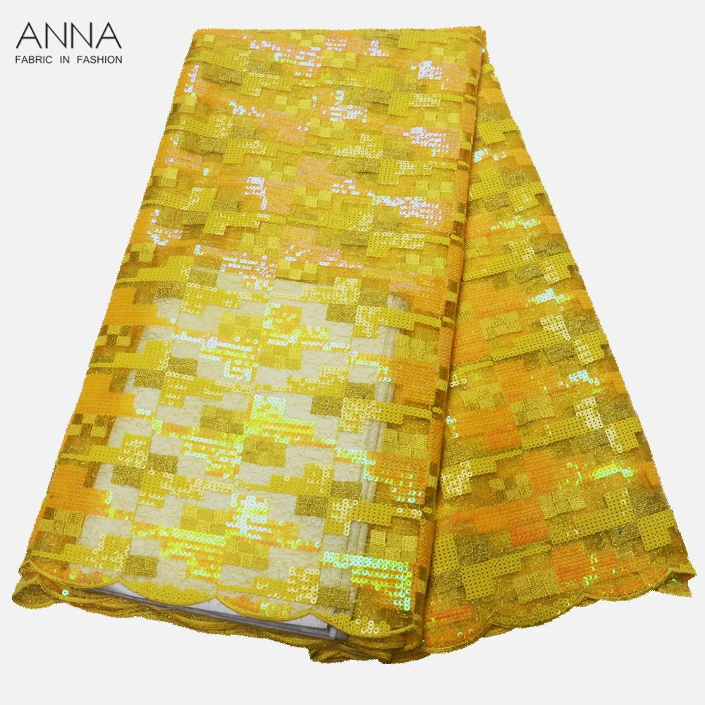 

Latest Yellow Sequins Lace African Mesh Lace Fabric French Tulle Lace Nigerian Lace Fabric with Embroidery 5 Yards/pcs for Dress
