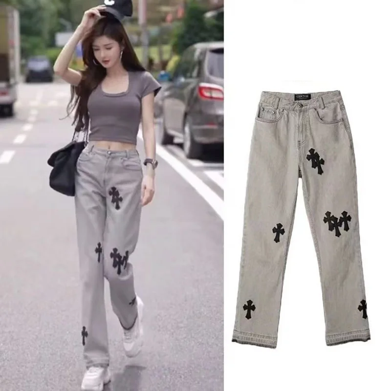 

New Streetwear Korean Fashion Cross Applique Jeans Woman High Waist Y2k Straight Baggy Pants Versatile Casual Denim Trousers