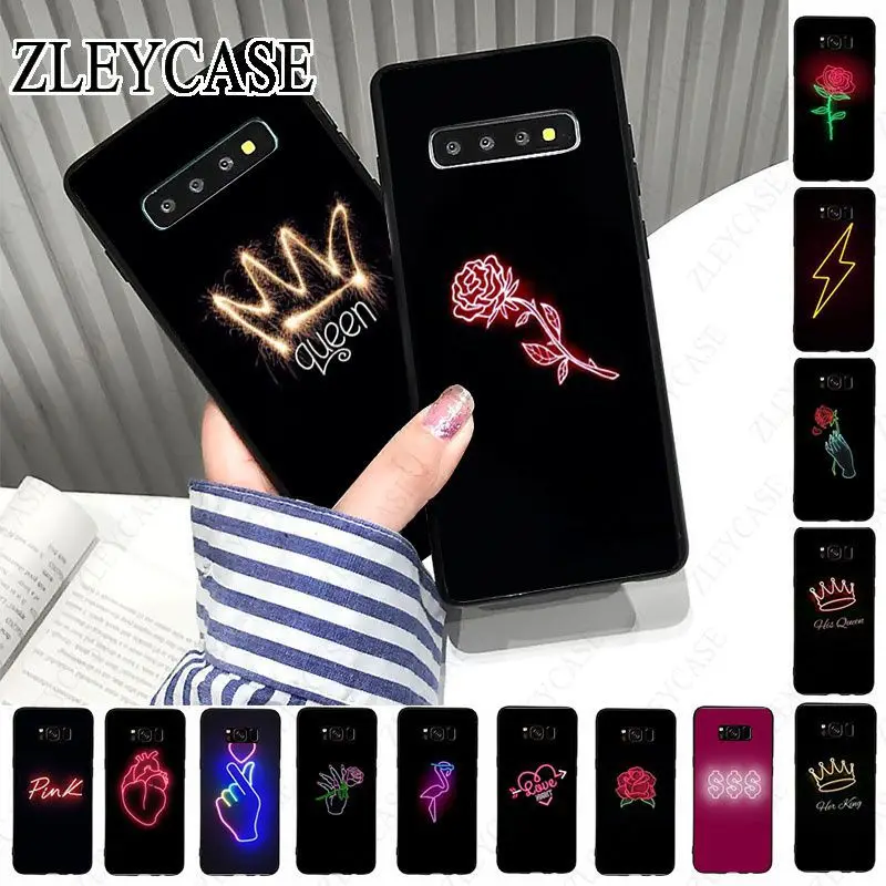 Sfondo Nero Fluorescente Neon Rose Heart Queen Per Samsung Galaxy S23Ultra S21Fe S22Pro S10E S20Plus S20Ultra S20Fe Custodie